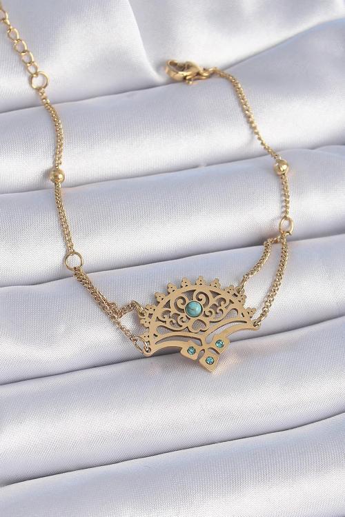 Çelik Gold Renk Mavi Taşlı Etnik Desen Kadın Bileklik