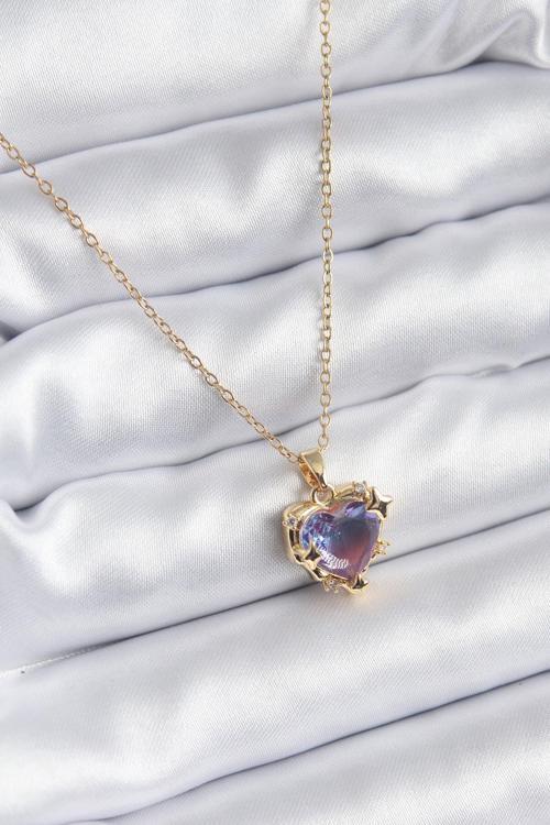 Çelik Zincir Gold Renk Mor Renk Zirkon Taşlı Kalp Model Kadın Kolye