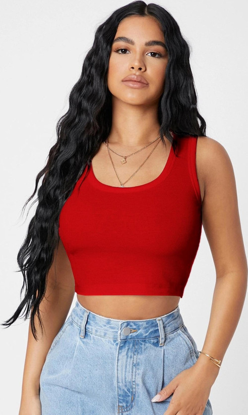 Kadın Kırmızı Kare Yaka Crop Top Bluz