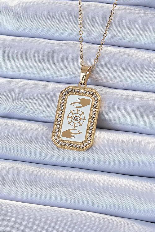 Çelik Zincir Altın Renk Mineli Zirkon Taşlı Göz Figür Tarot Kolye