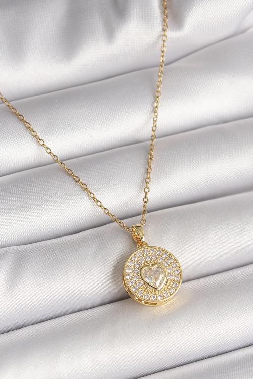 Çelik Gold Renk Zincir Madalyon Zirkon Taşlı Kalp Model Kadın Kolye