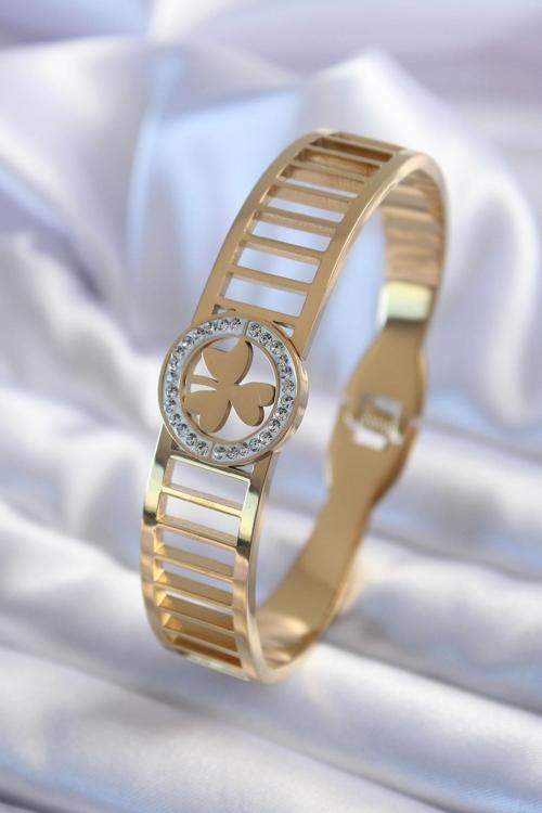 Çelik Gold Renk Zirkon Taşlı Yonca Model Kadın Kelepçe