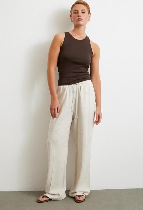 Beli Lastikli Boru Paça Pantolon Bej