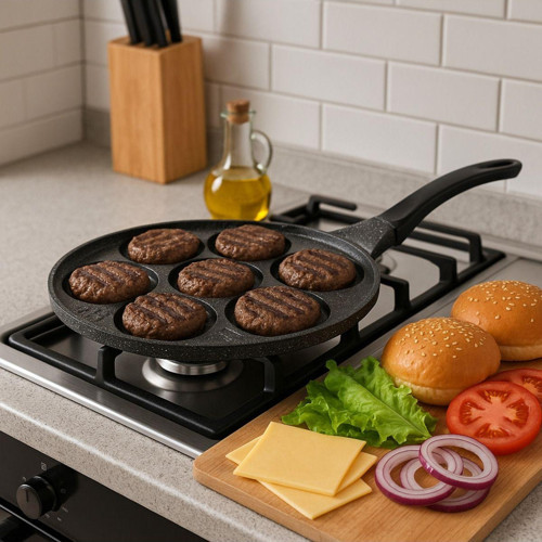 Granit Efektli Döküm 7 Gözlü 27 Cm Hamburger Tavası – Yapışmaz Yüzey, Kolay Temizlenebilir