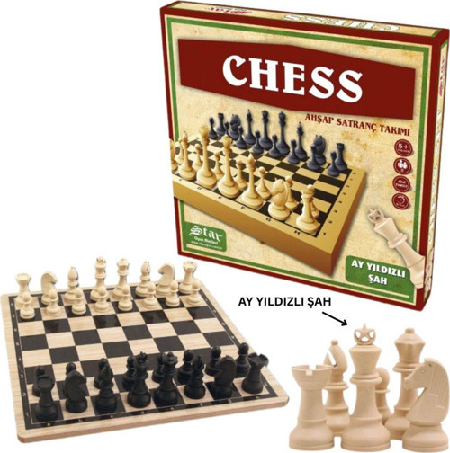 Chess Ahşap Satranç Takımı – Ay Yıldızlı Şah Tasarımı, Tahta Zemin, Lüks Ahşap Satranç Seti