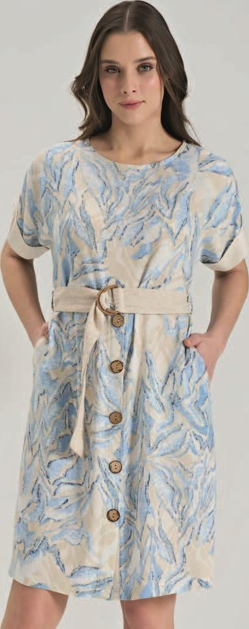 %100 Viskon Dokuma Önden Düğmeli Mavi Uzun Elbise