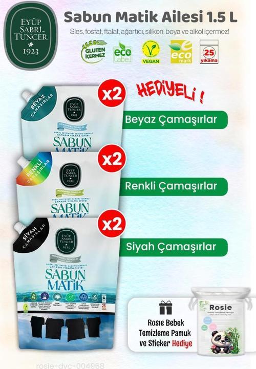 1500 ml Sabun Matik Renkliler x2 + Beyazlar x2 + Siyahlar x2 ve ROSIE