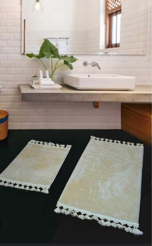 2Li Peluş Saçaklı Dokuma Tabanlı Banyo Takımı Bej