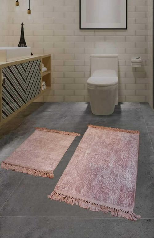 2Li  Saçaklı Dokuma Kaymaz Tabanlı Banyo  Takımı  Pembe