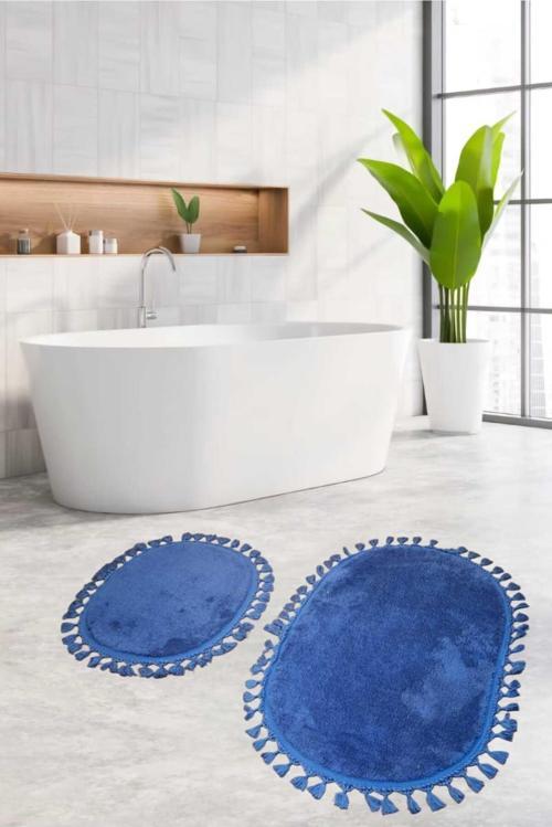 2Li Peluş Saçaklı Dokuma Tabanlı Banyo  Takımı Mavi