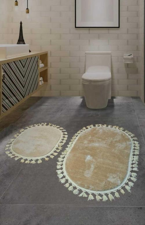 2Li Peluş Saçaklı Dokuma Tabanlı Banyo Takımı Bej