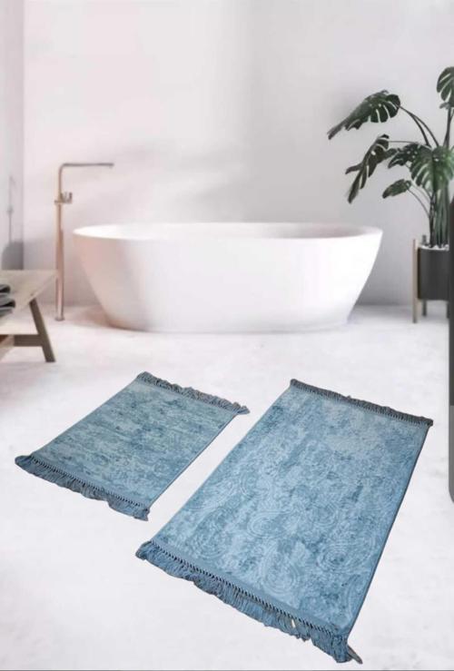 2Li  Saçaklı Dokuma Kaymaz Tabanlı Banyo  Takımı  Mavi