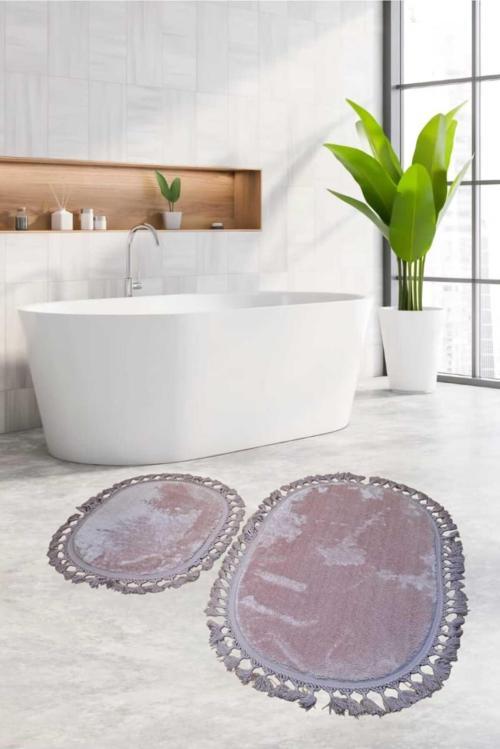 2Li Peluş Saçaklı Dokuma Tabanlı Banyo Takımı Pembe