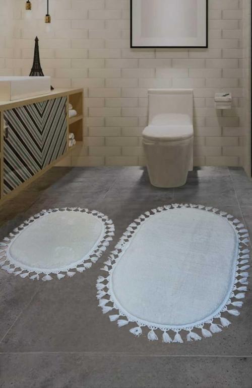2Li Peluş Saçaklı Dokuma Tabanlı Banyo Takımı Beyaz