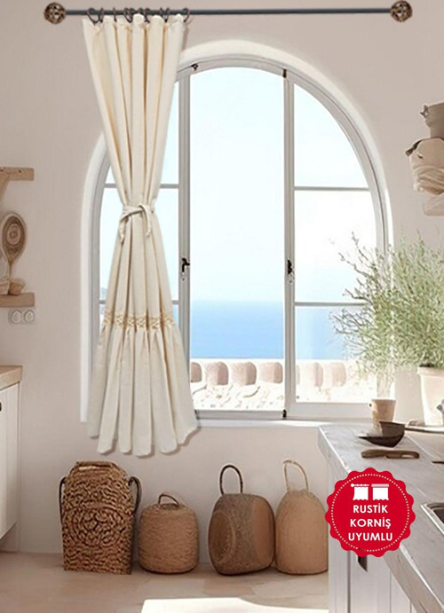 Naturel Fırfırlı Dantelli Perde Vintage