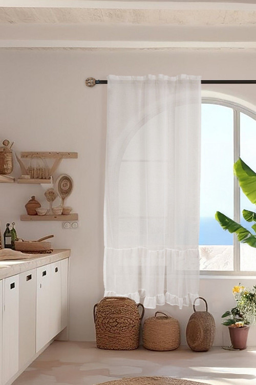 Fırfırlı Keten Tül Perde Tek Kanat Vintage Korniş Ve Rustik Uyumlu