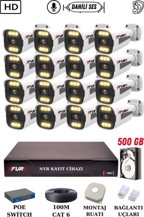 16 Kameralı Ip Güvenlik Kamerası Seti Sesli 4mp Gece Renkli Su Geçirmez 1506s 500GB