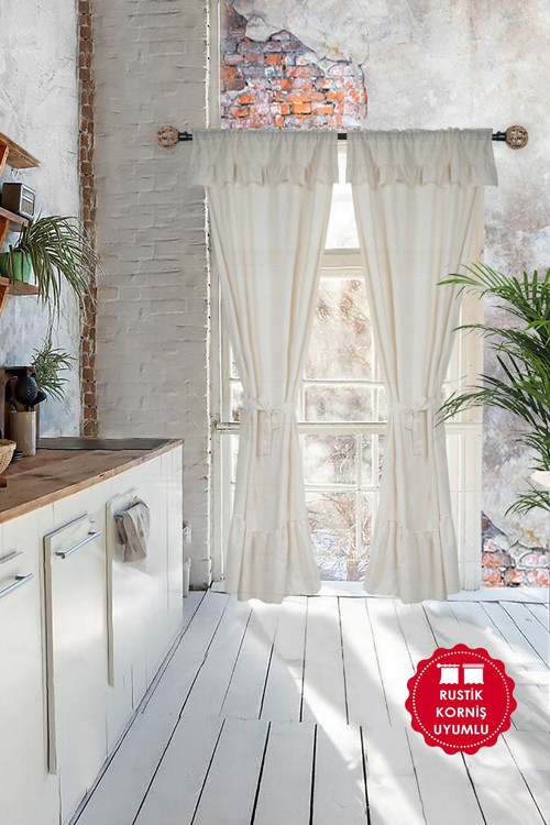 Naturel Fırfırlı Perde Farbalı Vintage Çift Kanat Krem