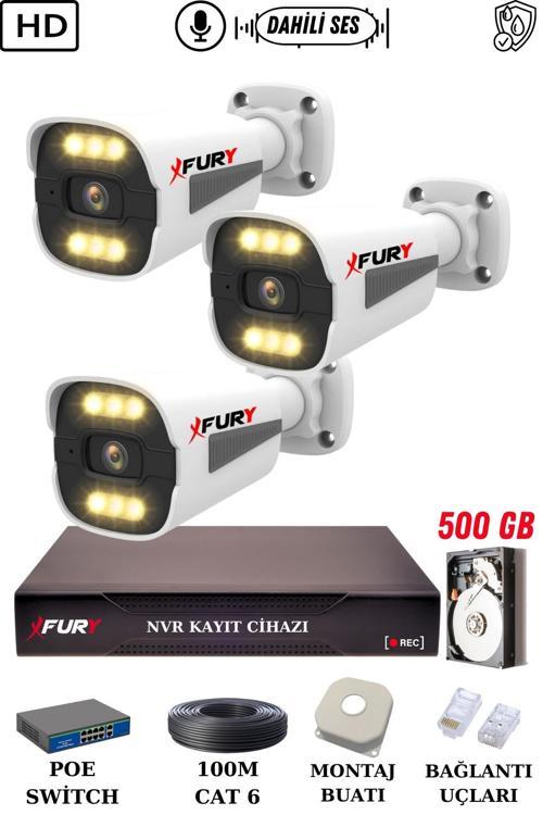 3 Kameralı Ip Güvenlik Kamerası Seti Sesli 4mp Gece Renkli Su Geçirmez 1506s 500GB
