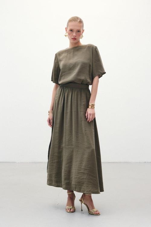 Yırtmaçlı Uzun Etek - Haki