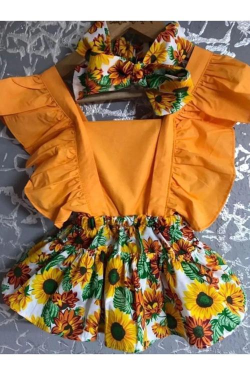 Yazlık Kız Bebek Alt Üst Takım Elbise Kısa Kollu 3 Parçadan Oluşur Alt Üst Ve Bandana