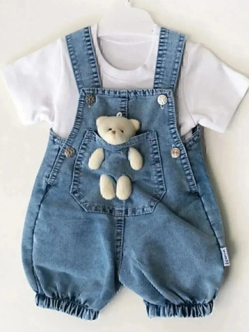 Yazlık Kot İki Parçalı Bebek Ayıcık Takım Beyaz T-Shirt Ve Salopet Pamuklu Yumuşak Esnek Yapı