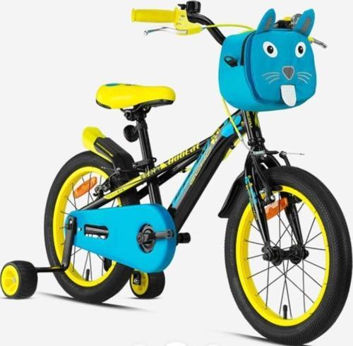 BOBCAT 16 Jant Vitessiz V-Fren Çantalı Çocuk Bisikleti Siyah Mavi Sarı