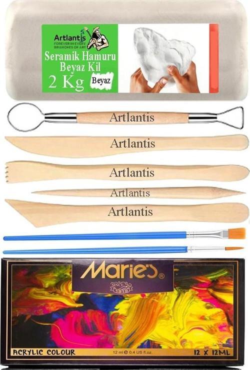 Beyaz Seramik Hamuru 2 Kg Ebeşuar Modelleme Maries 12 Renk Akrilik Boya Fırça Seramik Çamuru Heykel Sanat Çömlek