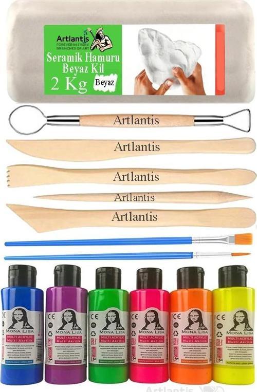 Beyaz Seramik Hamuru 2 Kg Ebeşuar Modelleme Monalisa Neon 6 Renk Akrilik Boya Fırça 75 ml Seramik Çamuru Heykel Sanat