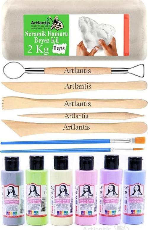 Beyaz Seramik Hamuru 2 Kg Ebeşuar Modelleme Monalisa Pastel 6 Renk Akrilik Boya Fırça 75 ml Seramik Çamuru Heykel Sanat