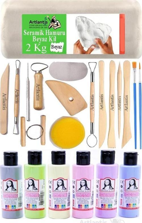 Beyaz Seramik Hamuru 2 Kg Seramik Başlangıç Seti Ebeşuar Modelleme Monalisa 6 Renk Pastel Akrilik Boya Fırça 70ml Heykel