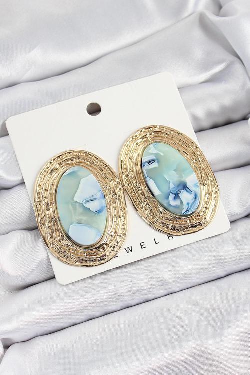 Zarif Kadın için Golden Pirinç Mermer Desen Mavi Sedef Oval Vintage Küpe