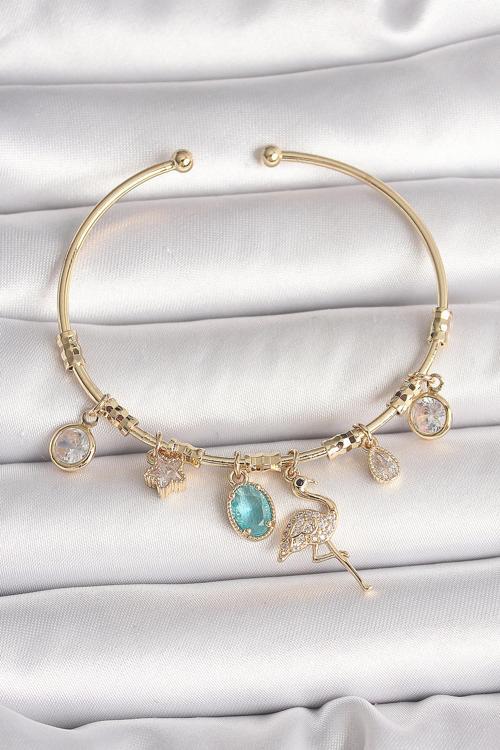 Zarif Kadın için Golden Pirinç Zirkonlu Sallantı Filamingo Charm Bileklik