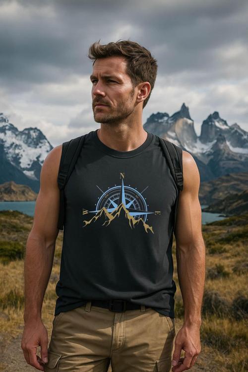 Erkek %100 Pamuk Bisiklet Yaka Pusula Baskılı Kolsuz T-shirt