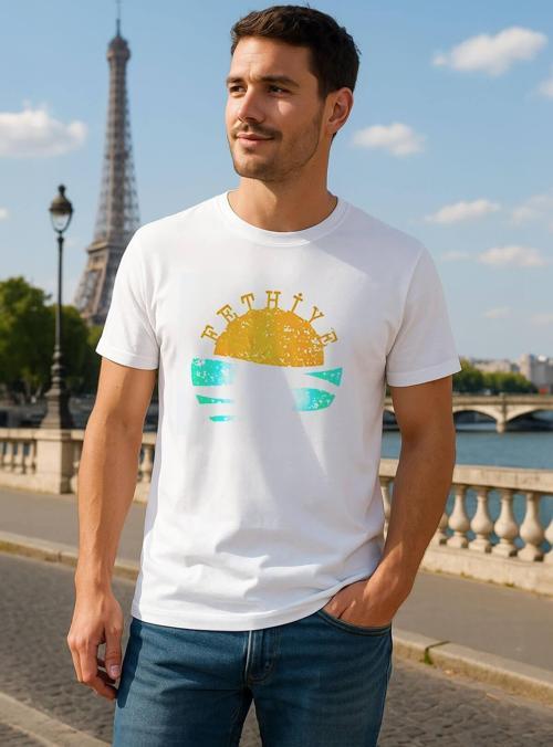 Erkek Bisiklet Yaka %100 Pamuk Fethiye Baskılı Kısa Kollu T-shirt