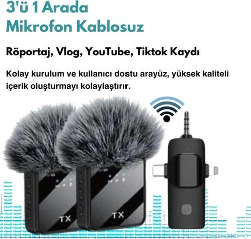 Yüksek Kalite Profesyonel 3 In 1 Kablosuz Taşınabilir Yaka Mikrofonu Tüylü
