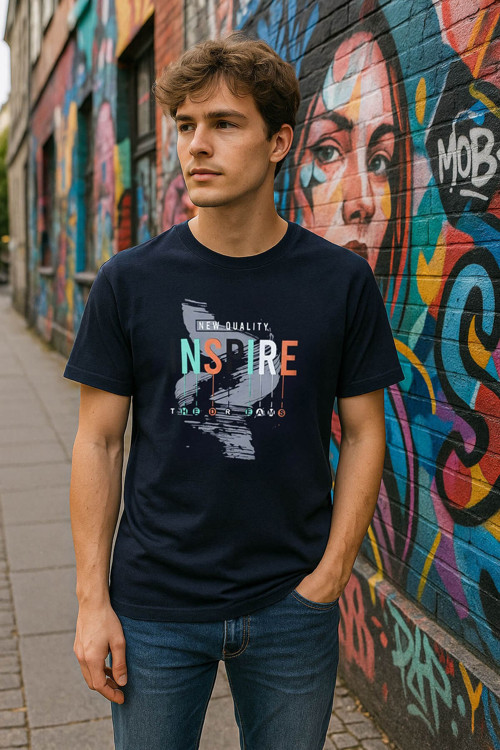 Erkek %100 Pamuk Bisiklet Yaka Yazı Baskılı T-shirt