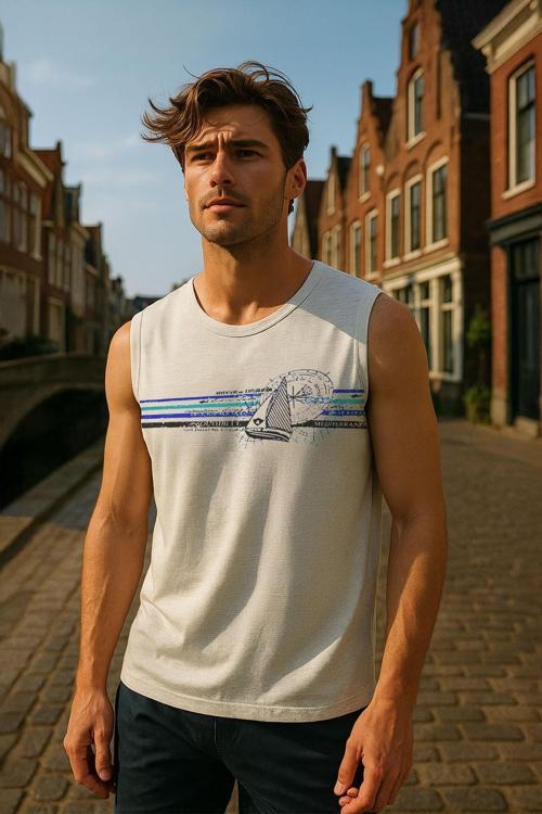 Erkek Yelkenli Baskılı %100 Pamuk Kolsuz T-shirt