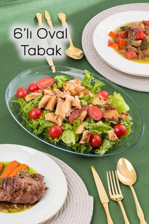 10336 6lı Oval Servis Tabak Seti - Şeffaf Cam Sunum Tabakları 25x33 cm
