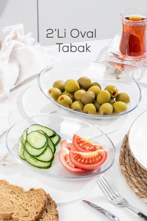 10357 2li Oval Servis Tabak Seti - Şeffaf Cam Sunum Tabakları 21x16 cm