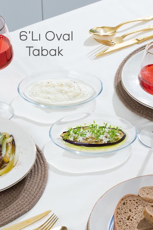 10356 6lı Oval Servis Tabak Seti - Şeffaf Cam Sunum Tabakları 17x13 cm