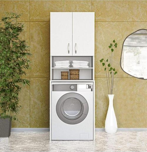 Papatya Çamaşır Makinesi Dolabı, Banyo Dolabı, 4 Raflı, Kapaklı, Beyaz Dolap