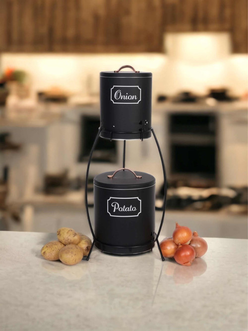 2 Katlı Kulplu Metal Patates Soğanlık – Sebzelik Kovası ve Depolama Sepeti