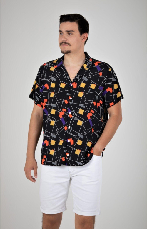 Geometrik Desenli Hawaii Yaka Yazlık Viskon Gömlek