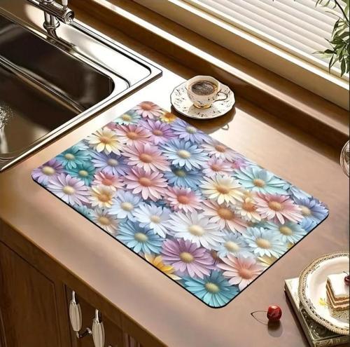 55 CM x 45 CM RENKLİ PAPATYALAR TASARIMI TEZGAH ÜSTÜ BULAŞIK KURUTMA MATI BULAŞIKLIK KURUTMA ÖRTÜSÜ