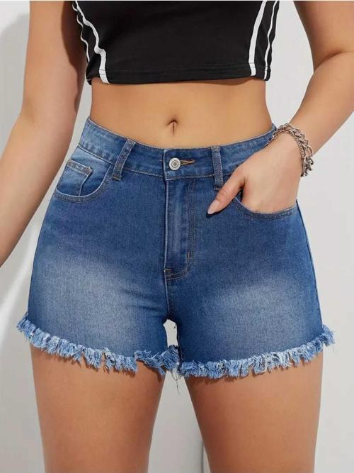 Kadın Buz Mavi Yırtık Lazer Püsküllü Detay Kot Mini Şort