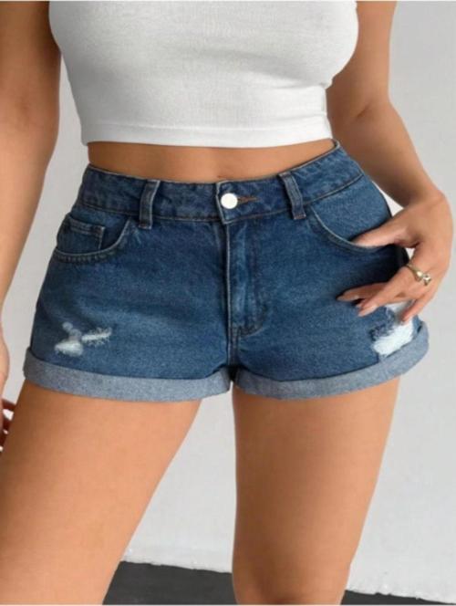 Kadın Yüksek Bel Katlamalı Paça Denim Şort Mavi