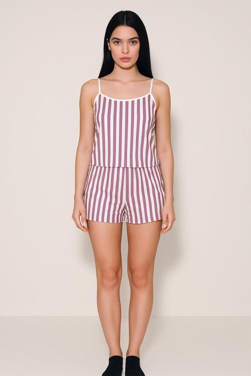 Kadın Dikey Çizgili İp Askılı Mini Şort Takım | Mor