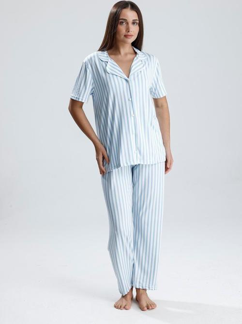 Kadın Kısa Kollu Dikey Çizgili Pijama Takım | Mavi
