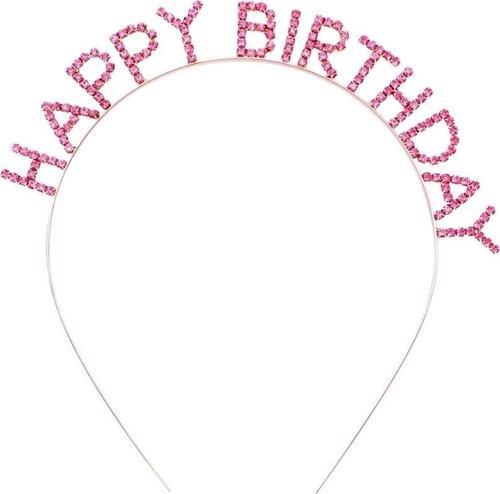 Pembe Renk Kristal Taşlı Gold Renk Kaplama Happy Birthday Taç 16x17 Cm